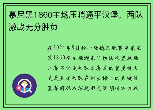 慕尼黑1860主场压哨逼平汉堡，两队激战无分胜负